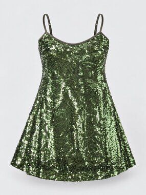 Just Quella Womens L 12-14 Green Sequin Spaghetti Strap Party Dress